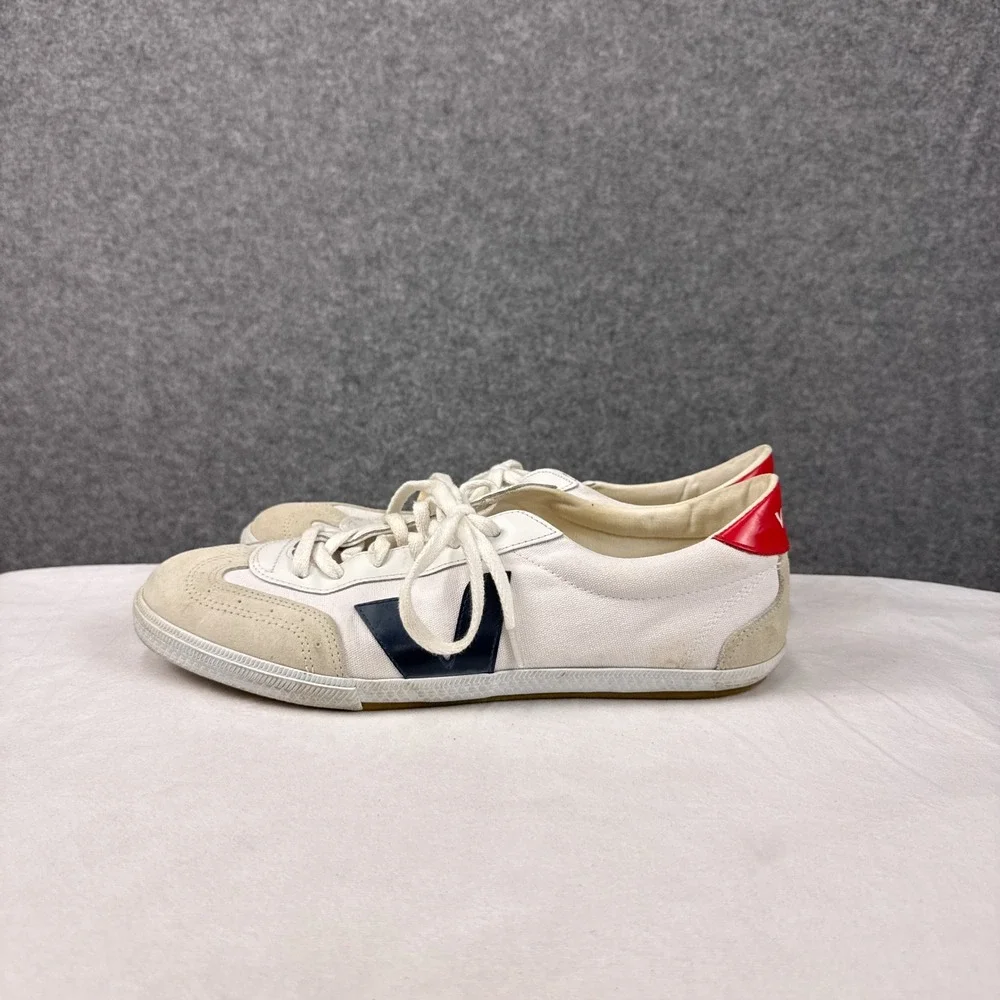 Veja Volley Sneakers Mens 12 White Canvas Navy Blue Logo Red Heel Low Top